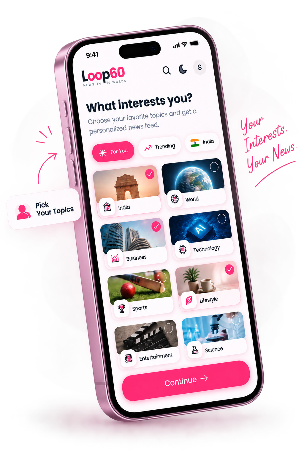 Loop60 personalized topic selection screen