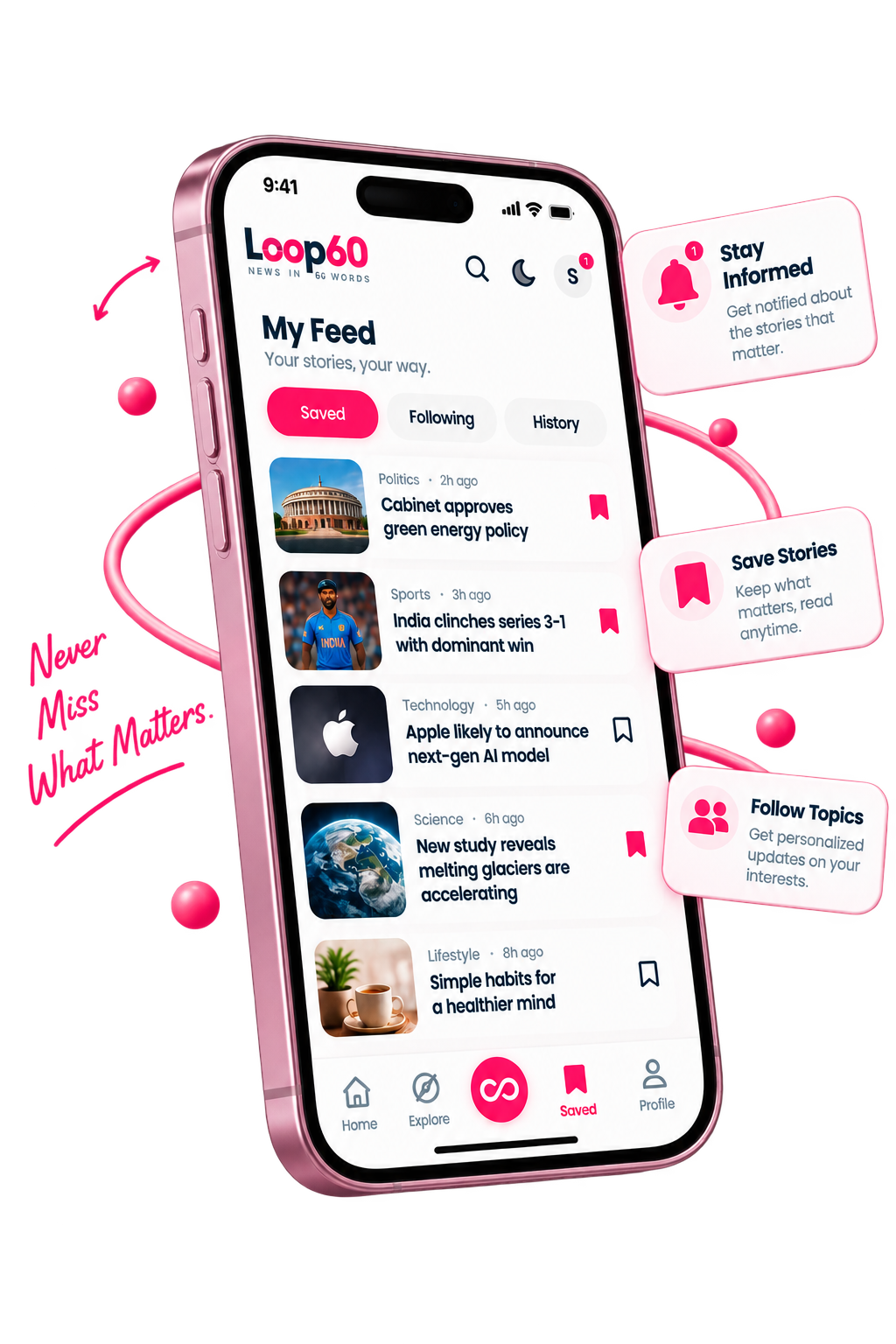 Loop60 saved and personalized news feed
